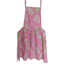 Long Apron With Bib & Pockets Pink Green Women's Cooking Kitchen Linens